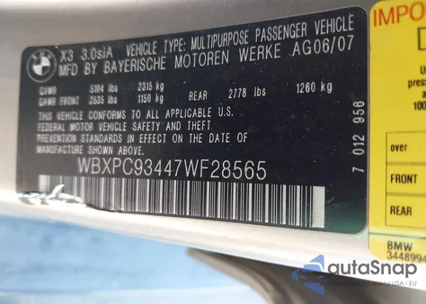 2007 BMW X3 3.0Si z USA, uszkodzony, nr VIN WBXPC93447WF28565